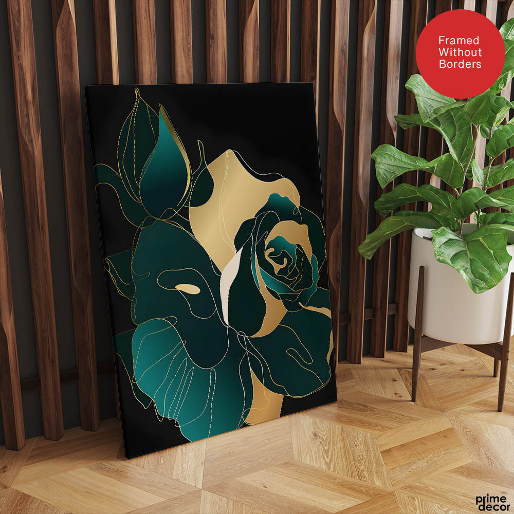 Gold & Green Floral Art Over Black Background | Abstract Floral Artwork #00246 - Prime Décor