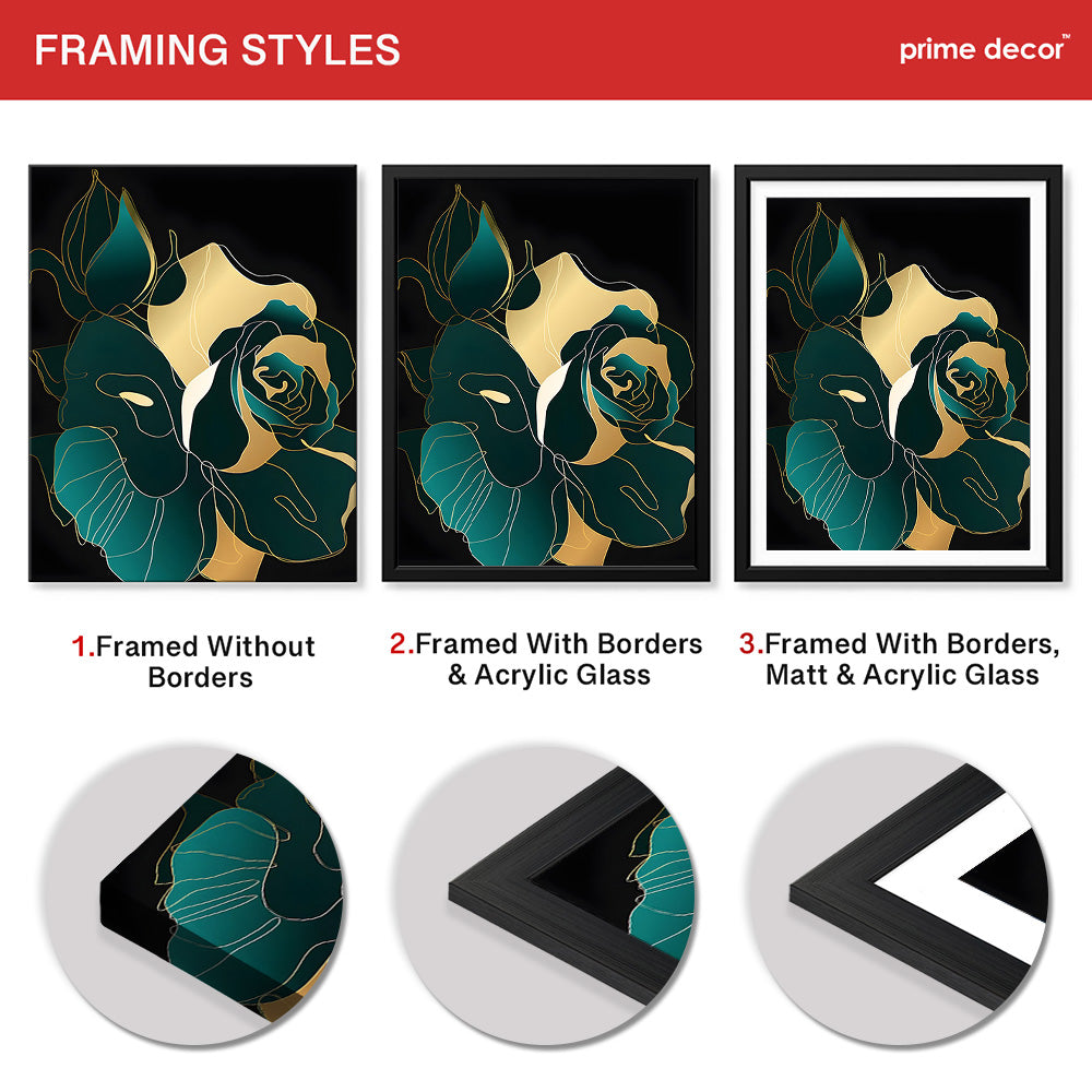 Gold & Green Floral Art Over Black Background | Abstract Floral Artwork #00246 - Prime Décor