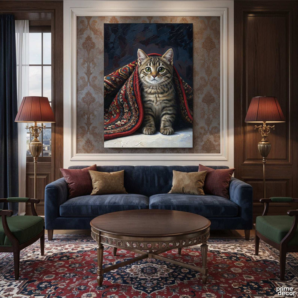 Adorable Kitten Peeking from a Persian Rug (Single Panel) Digital Painting Wall Art