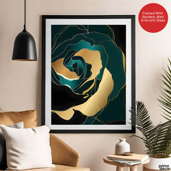 Gold & Green Floral Art Over Black Background | Abstract Floral Artwork #00247 - Prime Décor