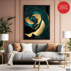 Gold & Green Floral Art Over Black Background | Abstract Floral Artwork #00247 - Prime Décor