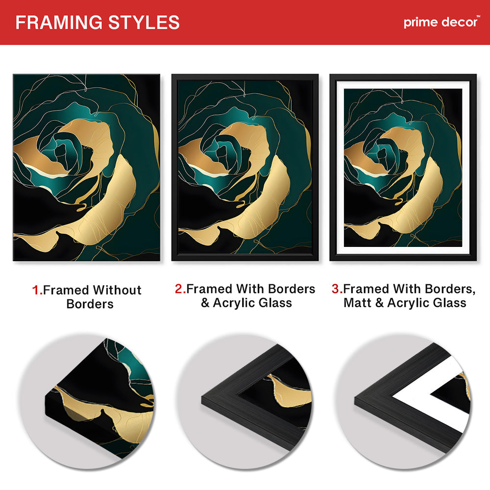 Gold & Green Floral Art Over Black Background | Abstract Floral Artwork #00247 - Prime Décor