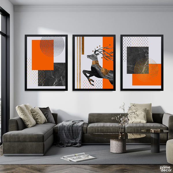 Black & Gold Deer With Abstract Artwork Over Orange Background (3 Panel) Abstract Wall Art