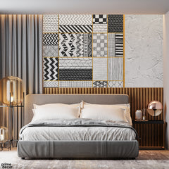Black & White Geometric Patchwork With Gold Lines | Modern Boho Wallpaper Mural