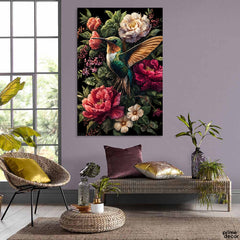 Beautiful Flying Bird In The Bunch Of Flowers | Floral Poster Wall Art