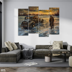 Abstract Artwork Of A Man Standing With Classic Vintage Car (4 Panel) Car Wall Art