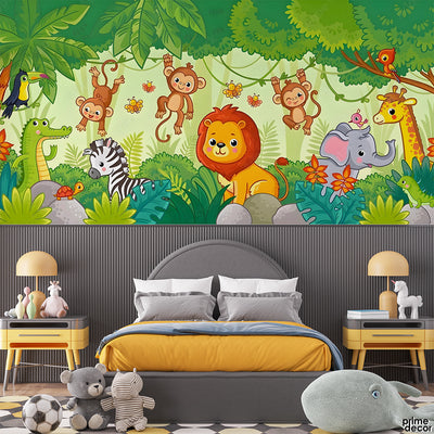 Cute Jungle Animals Nursery Illustration | Kids Wallpaper Mural