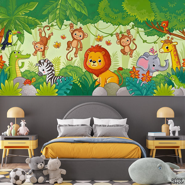 Cute Jungle Animals Nursery Illustration | Kids Wallpaper Mural
