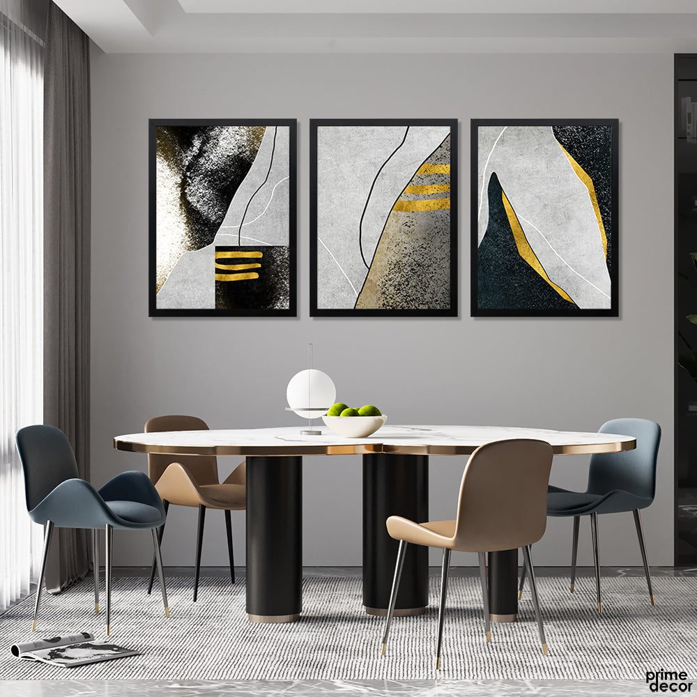 Granite & Gold Abstract Shapes With Gold Foil Print (3 Panel) Abstract Wall Art - Prime Décor