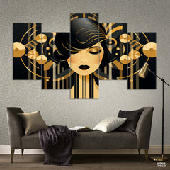 Black & Gold Woman Face Abstract Art (5 Panel) Abstract Wall Art - Prime Décor