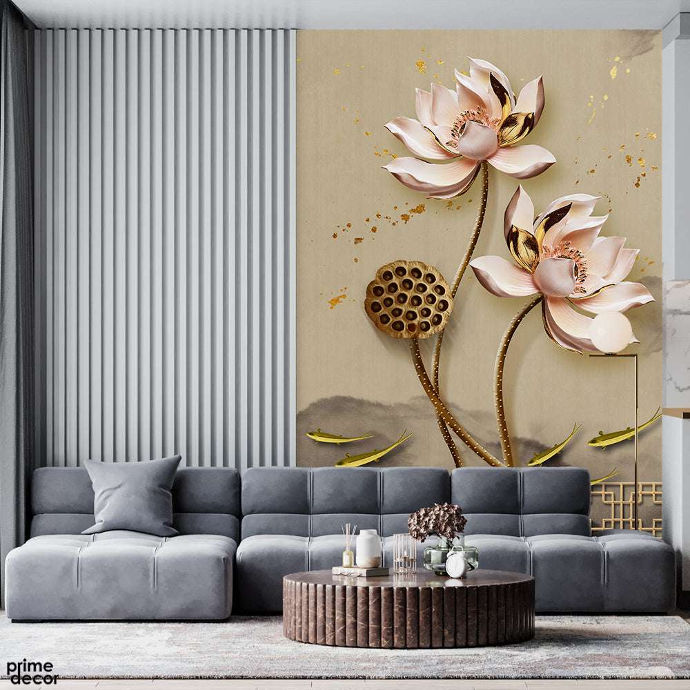 Beautiful Pink Flower With Golden Leaves | Floral Wallpaper Mural