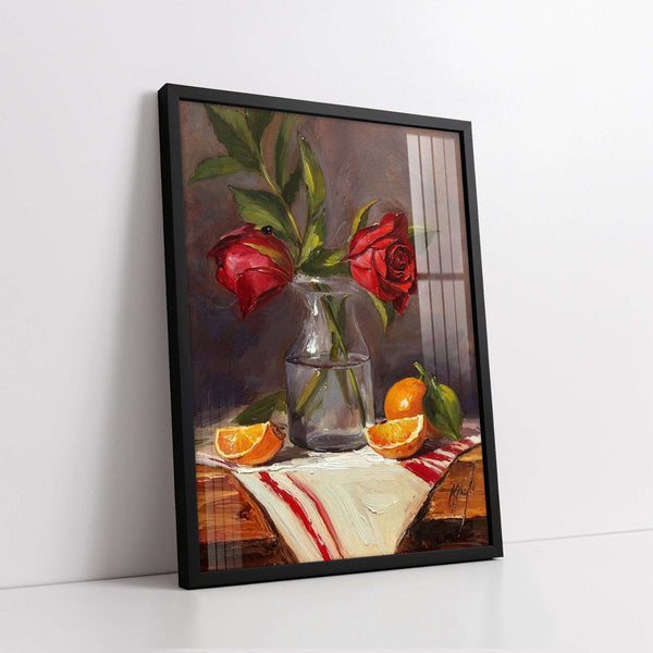 Classic Roses & Citrus Still Life Knife Work Style (Single Panel) Digital Painting Wall Art
