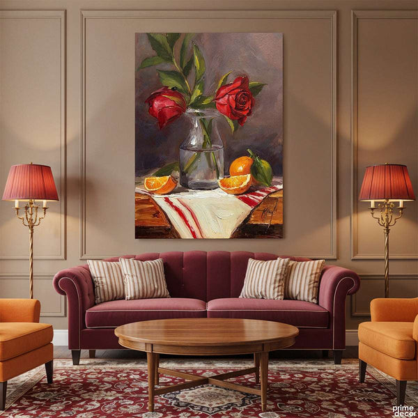 Classic Roses & Citrus Still Life Knife Work Style (Single Panel) Digital Painting Wall Art