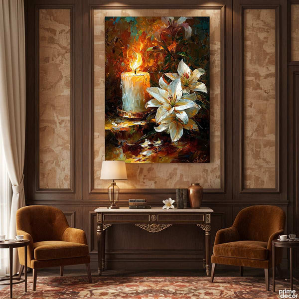 White Lilies and a Burning Candle Still Life (Single Panel) Digital Painting Wall Art