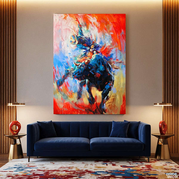 Rodeo Rider on a Galloping Bull Digital Painting (Single Panel) Abstract Wall Art