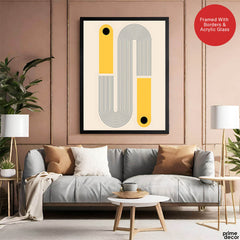 Black Line Art With Golden Moon Over Beige Background | Abstract Office Artwork #00256 - Prime Décor