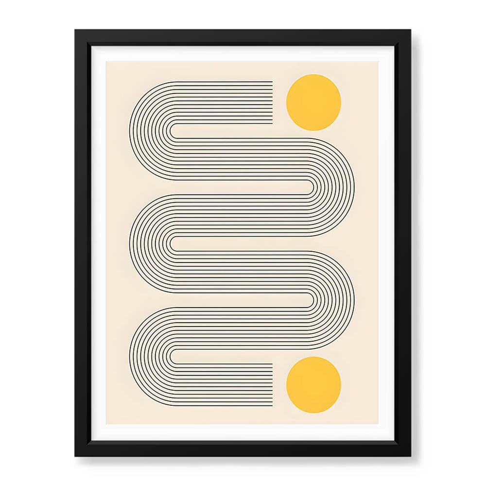 Black Line Art With Golden Moon Over Beige Background | Abstract Office Artwork #00257 - Prime Décor