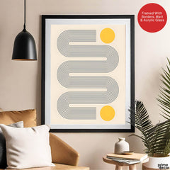 Black Line Art With Golden Moon Over Beige Background | Abstract Office Artwork #00257 - Prime Décor