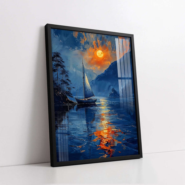 Sailing on a Moonlit Lake Knife Work Style (Single Panel) Digital Painting Wall Art