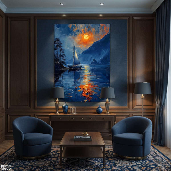 Sailing on a Moonlit Lake Knife Work Style (Single Panel) Digital Painting Wall Art