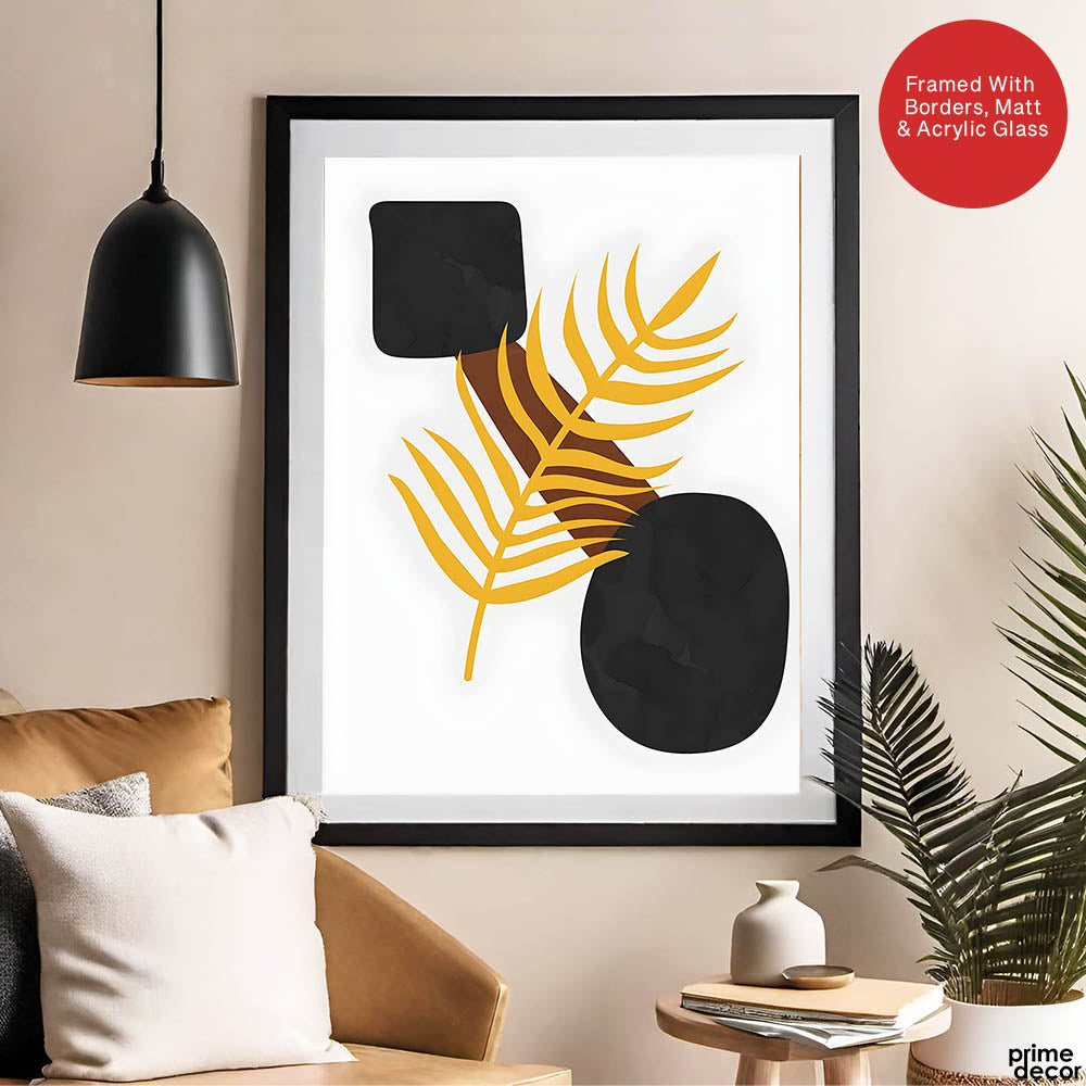 Black & Gold Tropical Leaves Over White Background | Abstract Floral Artwork #00258 - Prime Décor