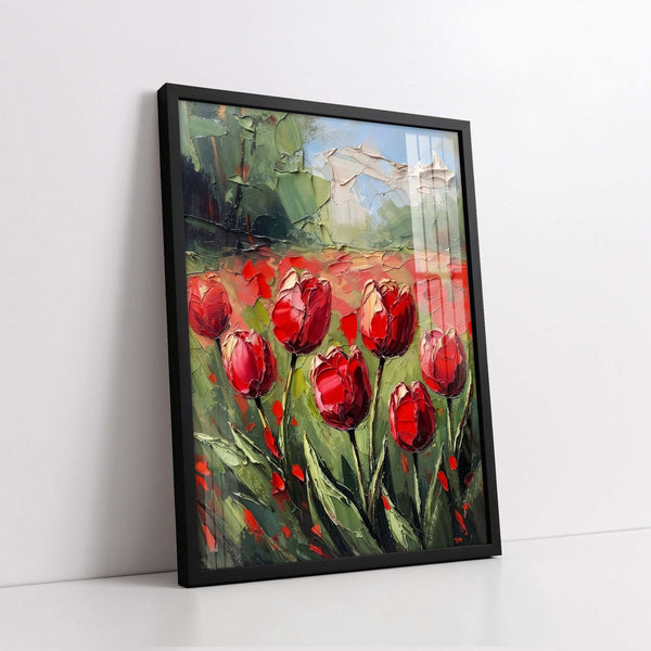 Textured Red Tulips In A Poppy Field (Single Panel) Digital Painting Wall Art