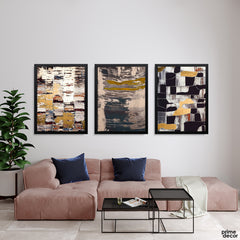 Contemporary Geometric Mosaic and Fluid Triptych (3 Panel) Abstract Wall Art