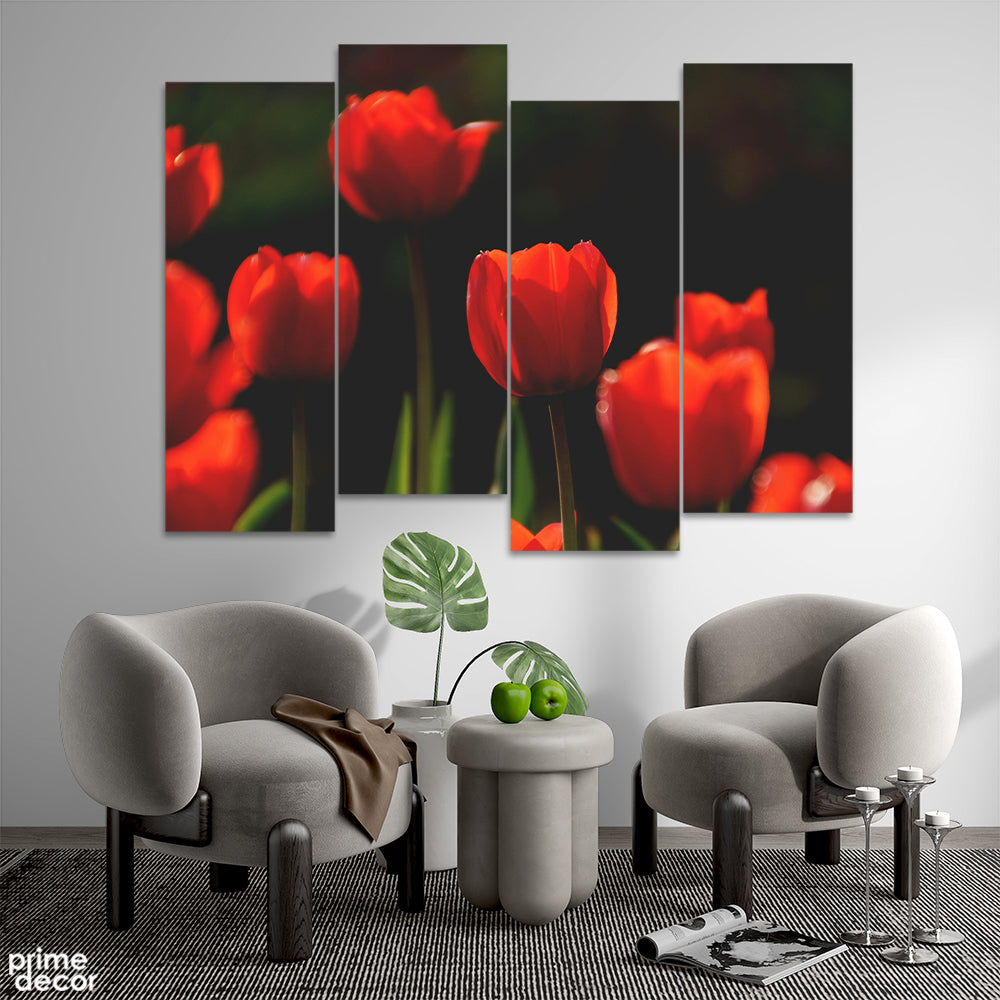 Beautiful Red Flowers Blooming In The Garden (4 Panel) Floral Wall Art - Prime Décor