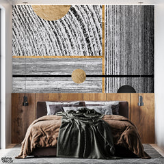 Black & White Textured Lines With Gold Circles | Modern Geometric Wallpaper Mural