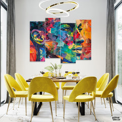 Abstract Beautiful Face Art Over Colorful Background (4 Panel) Fashion Wall Art - Prime Décor