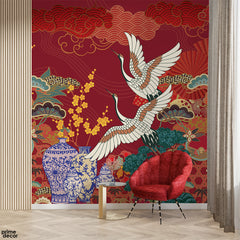Classic Chinese Cranes & Vases With Vibrant Red Background | Nordic Wallpaper Mural - Prime Décor
