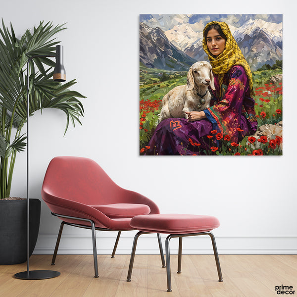 Beautiful Artwork of Turkish Women With Lamb (Single Panel) Nature Square Wall Art