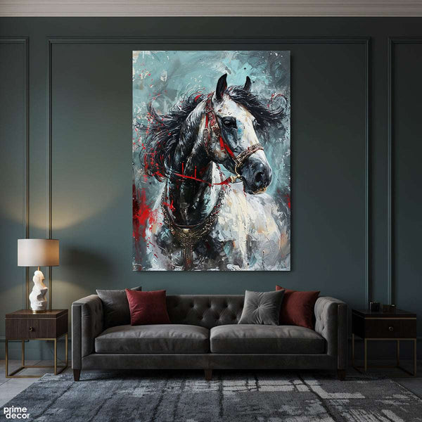 Majestic White Horse with Red Bridle (Single Panel) Digital Painting Wall Art
