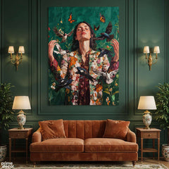 Embracing Nature with Butterflies & Birds (Single Panel) Digital Painting Wall Art