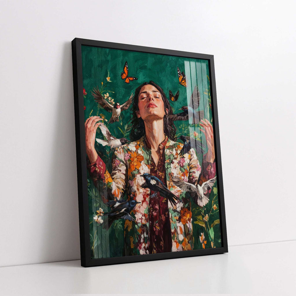 Embracing Nature with Butterflies & Birds (Single Panel) Digital Painting Wall Art