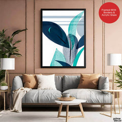 Blue & Green Colorful Abstract Tropical Leaves Over White Background | Abstract Floral Artwork #00264 - Prime Décor