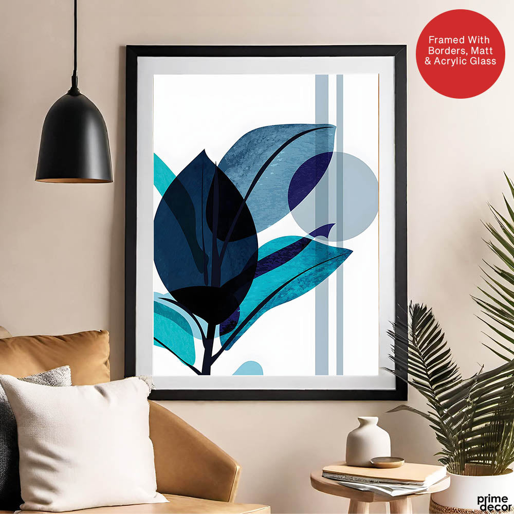 Blue & Green Colorful Abstract Tropical Leaves Over White Background | Abstract Floral Artwork #00265 - Prime Décor