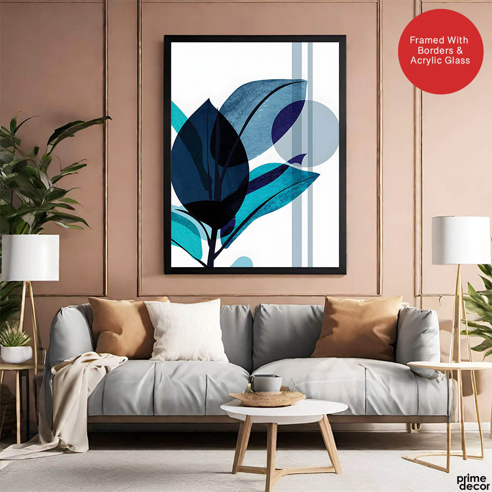 Blue & Green Colorful Abstract Tropical Leaves Over White Background | Abstract Floral Artwork #00265 - Prime Décor