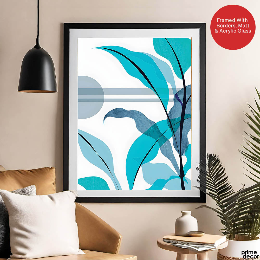 Blue & Green Colorful Abstract Tropical Leaves Over White Background | Abstract Floral Artwork #00266 - Prime Décor
