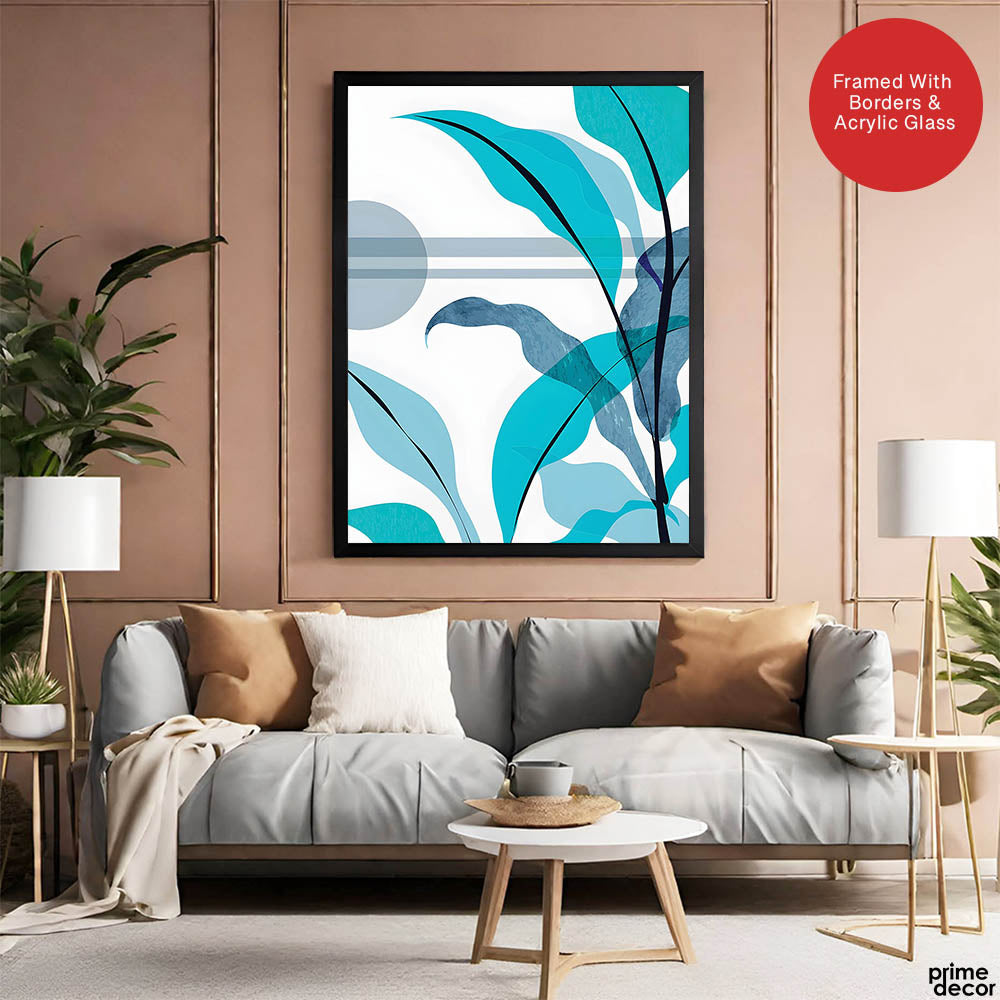 Blue & Green Colorful Abstract Tropical Leaves Over White Background | Abstract Floral Artwork #00266 - Prime Décor