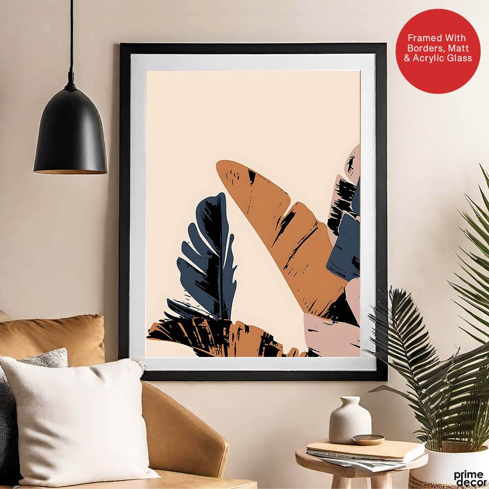 Blue & Brown Abstract Tropical Leaves Over White Background | Abstract Floral Artwork #00267 - Prime Décor