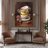 Vintage Stacked Teacups with Pink Roses (Single Panel) Digital Painting Wall Art