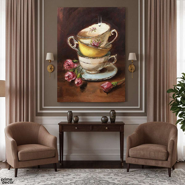Vintage Stacked Teacups with Pink Roses (Single Panel) Digital Painting Wall Art