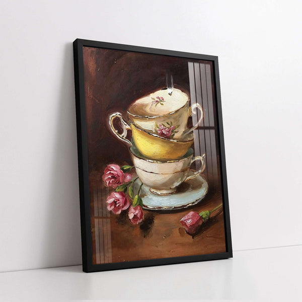 Vintage Stacked Teacups with Pink Roses (Single Panel) Digital Painting Wall Art