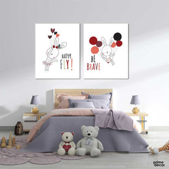 Bunny Happy Fly Illustration (2 Panel) Kids Wall Art - Prime Décor