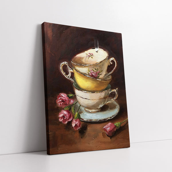 Vintage Stacked Teacups with Pink Roses (Single Panel) Digital Painting Wall Art