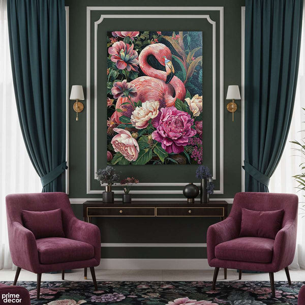 Pink Flamingo and Colorful Peonies (Single Panel) Digital Painting Wall Art