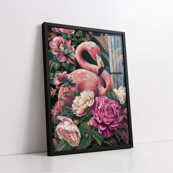 Pink Flamingo and Colorful Peonies (Single Panel) Digital Painting Wall Art
