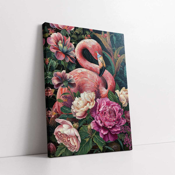 Pink Flamingo and Colorful Peonies (Single Panel) Digital Painting Wall Art
