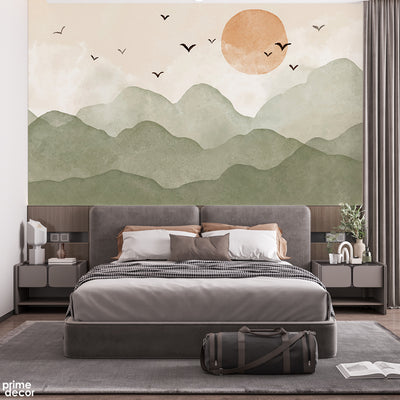 Abstract Beautiful Mountains View With Flying Birds | Landscape Wallpaper Mural